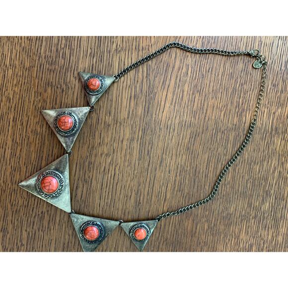 Triangle ORANGE Copper Burnt Gold AZTEC Tribal NECKLACE - Picture 3 of 7